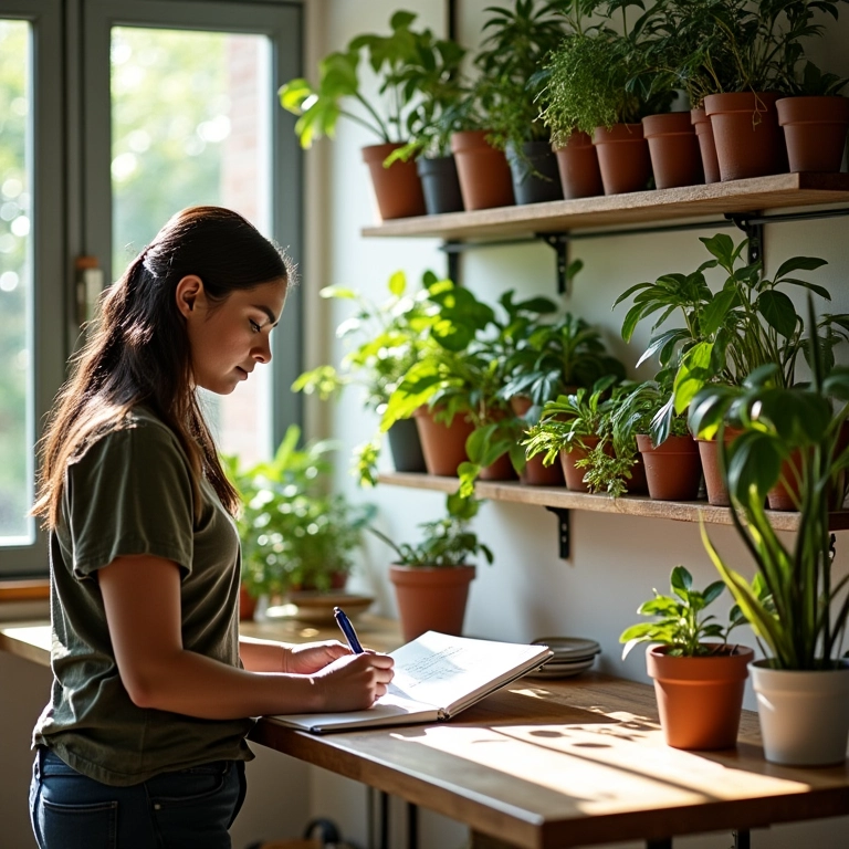 Mulher planejando o design de sua horta vertical com canos de PVC em uma cozinha iluminada.