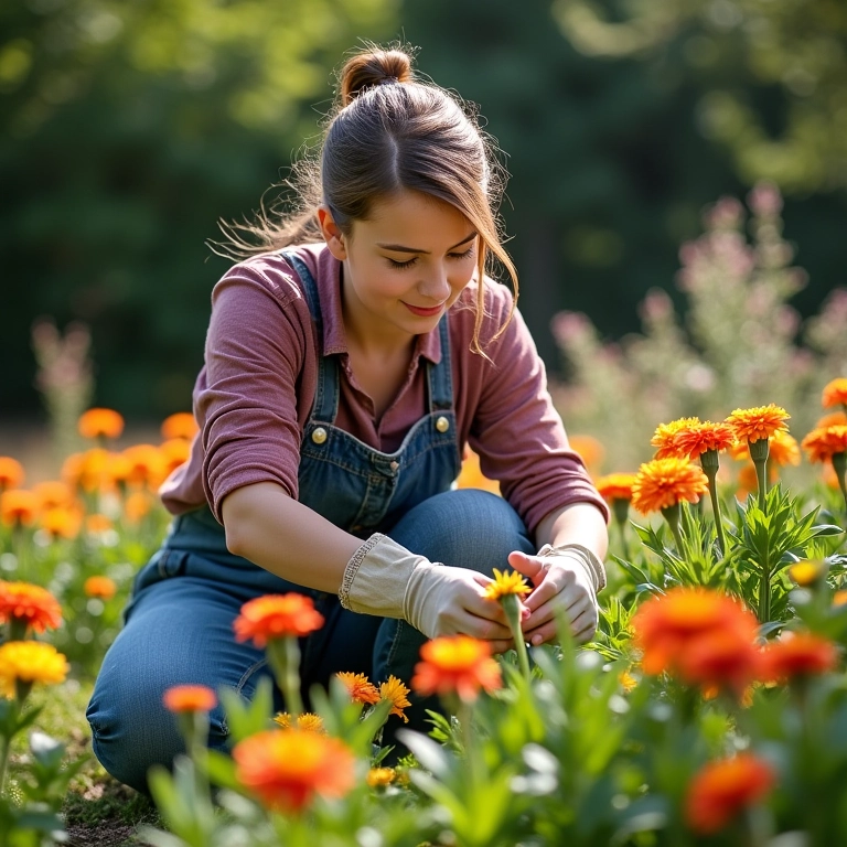 Mulher plantando cravos em um jardim ensolarado.