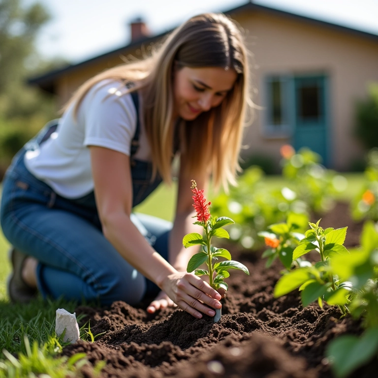 Mulher plantando muda de hibisco em jardim ensolarado.