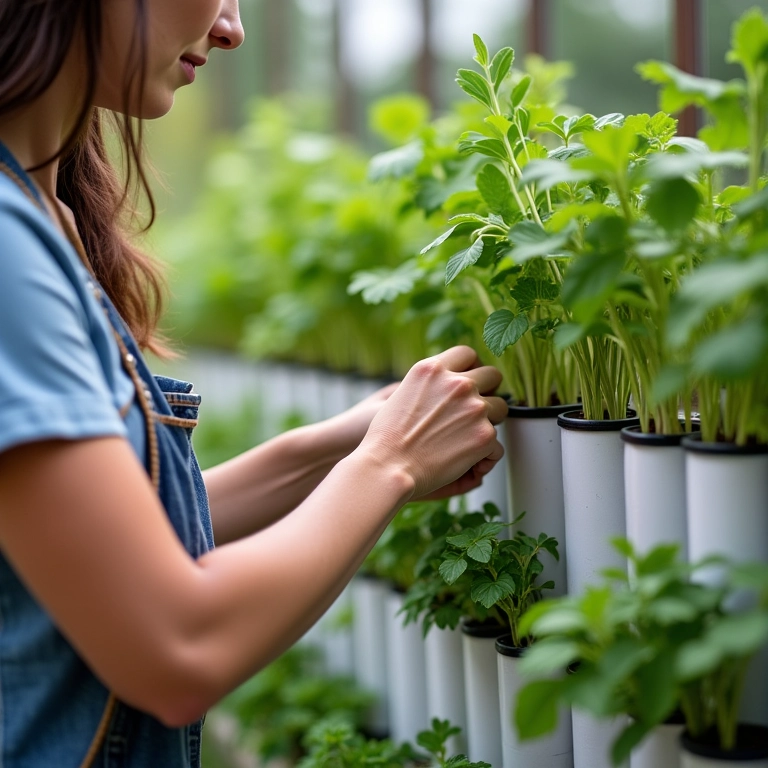 Mulher plantando mudas de ervas em uma horta vertical de cano de PVC.