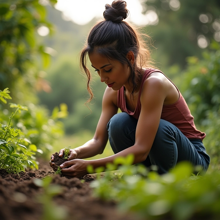 Mulher plantando sementes em um pequeno projeto de permacultura.