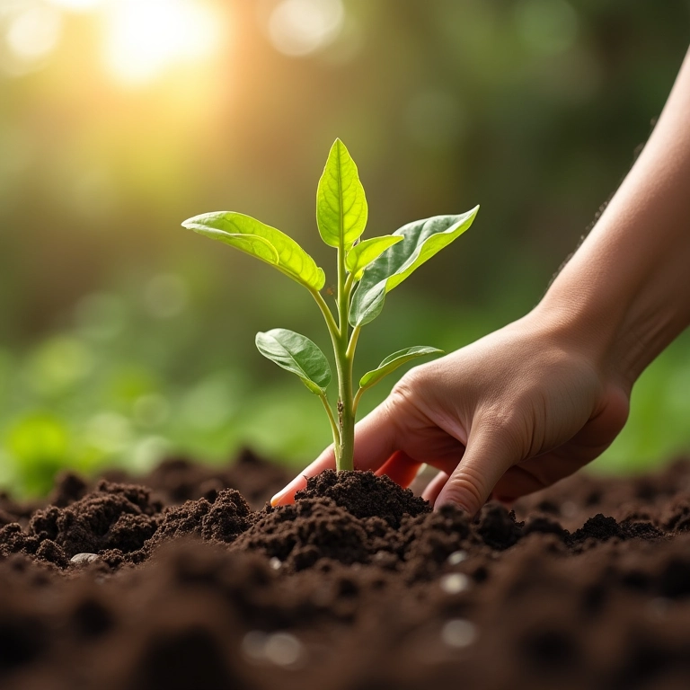 Mulher plantando uma semente, simbolizando o investimento no futuro.