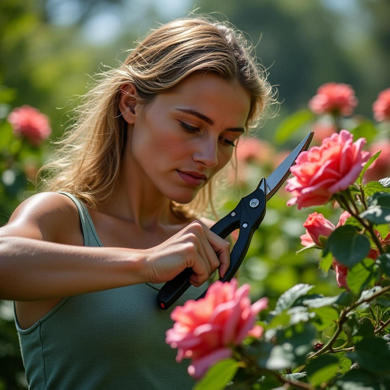 Mulher podando roseira em um jardim brasileiro exuberante.