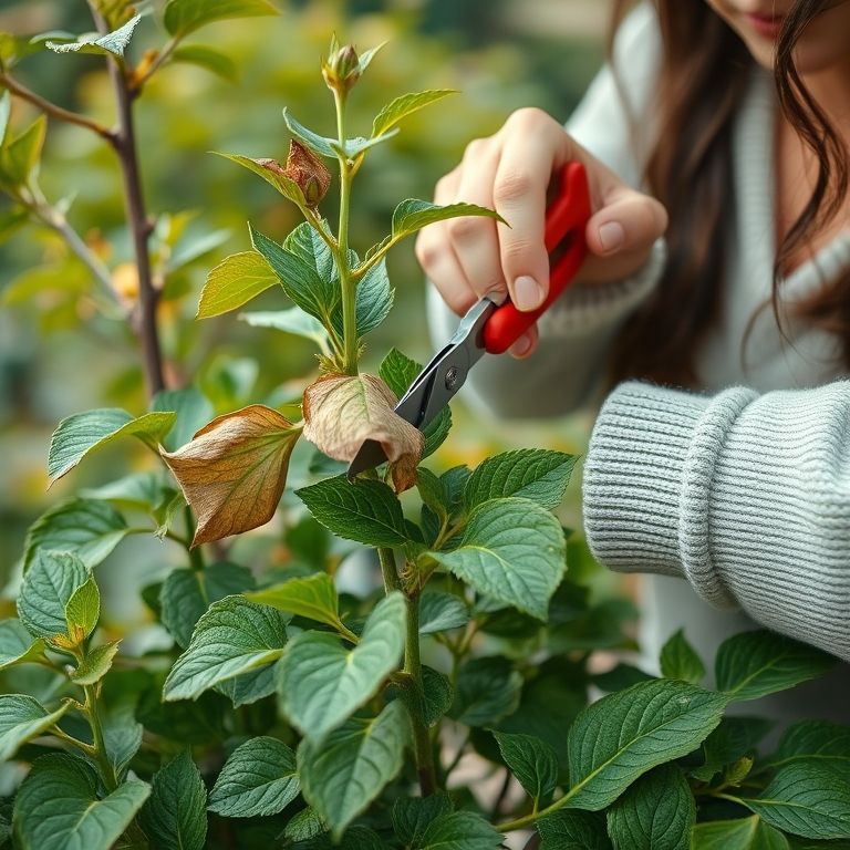 Mulher podando Zamioculca, removendo folhas secas.