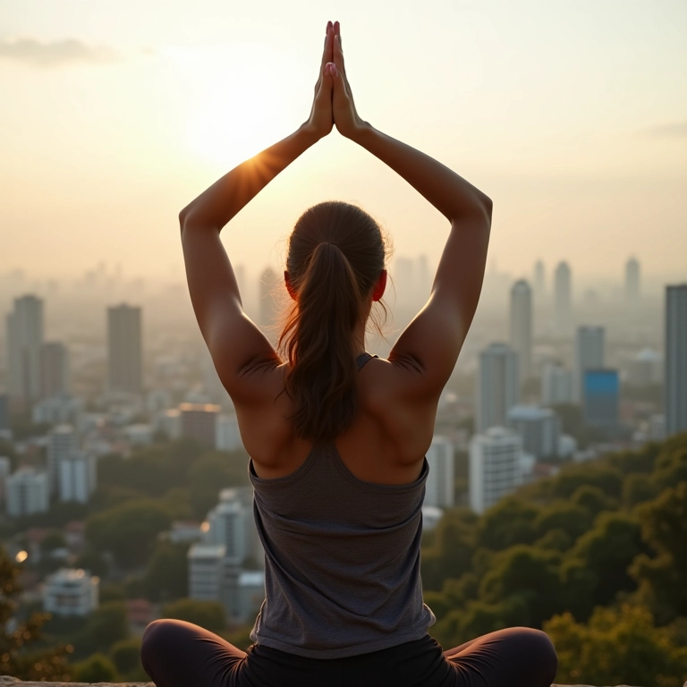 Mulher praticando yoga em ritual matinal.