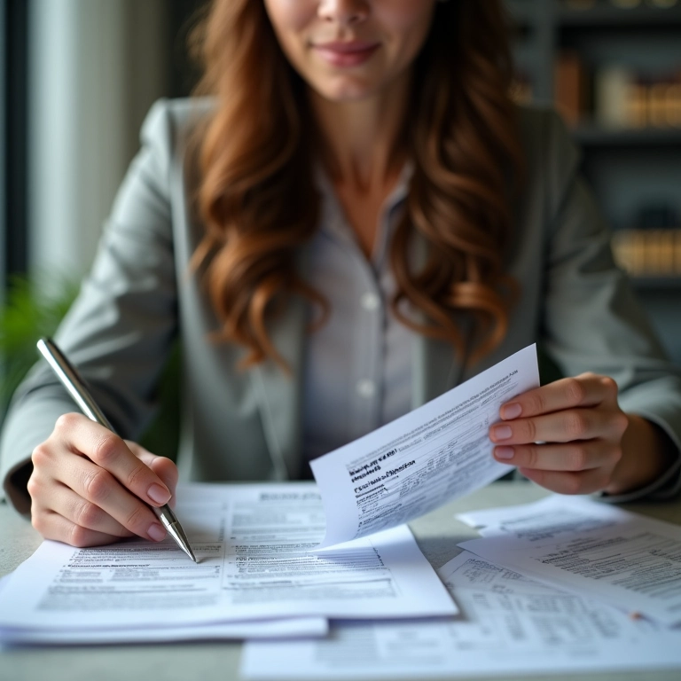 Mulher preenchendo formulário de imposto de renda com recibos de doação.