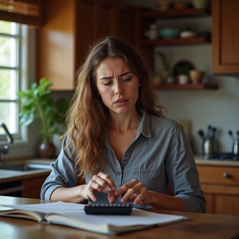 Mulher preocupada calculando despesas, ansiosa com o futuro financeiro.