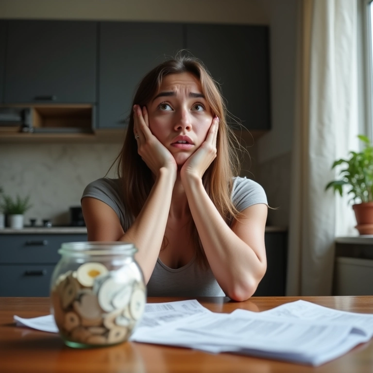 Mulher preocupada com contas, pote de fundo de emergência próximo em apartamento.