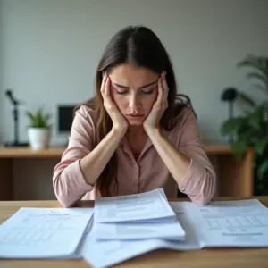 Mulher preocupada com dívidas e documentos financeiros.