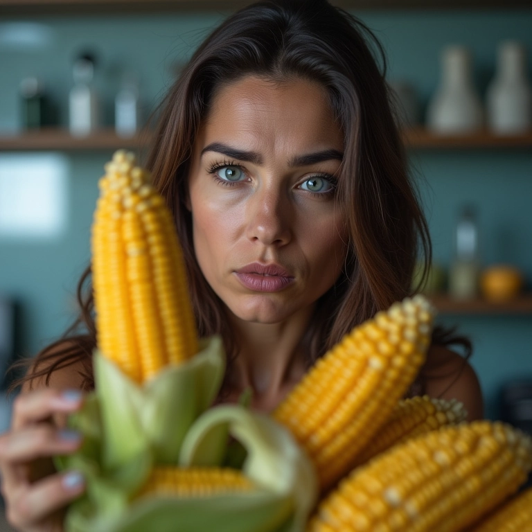 Mulher preocupada examinando milho com a pergunta 'Transgênicos causam câncer?'