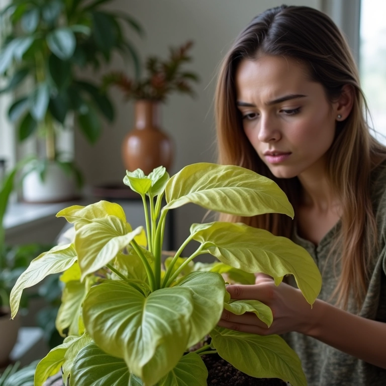 Mulher preocupada examinando planta com folhas amareladas por falta de nutrientes.