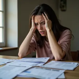 Mulher preocupada olhando contas em uma mesa, representando o impacto do 'nome sujo' na vida financeira.