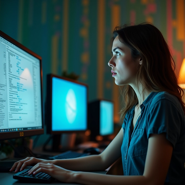 Mulher preocupada olhando para a tela do computador travado.