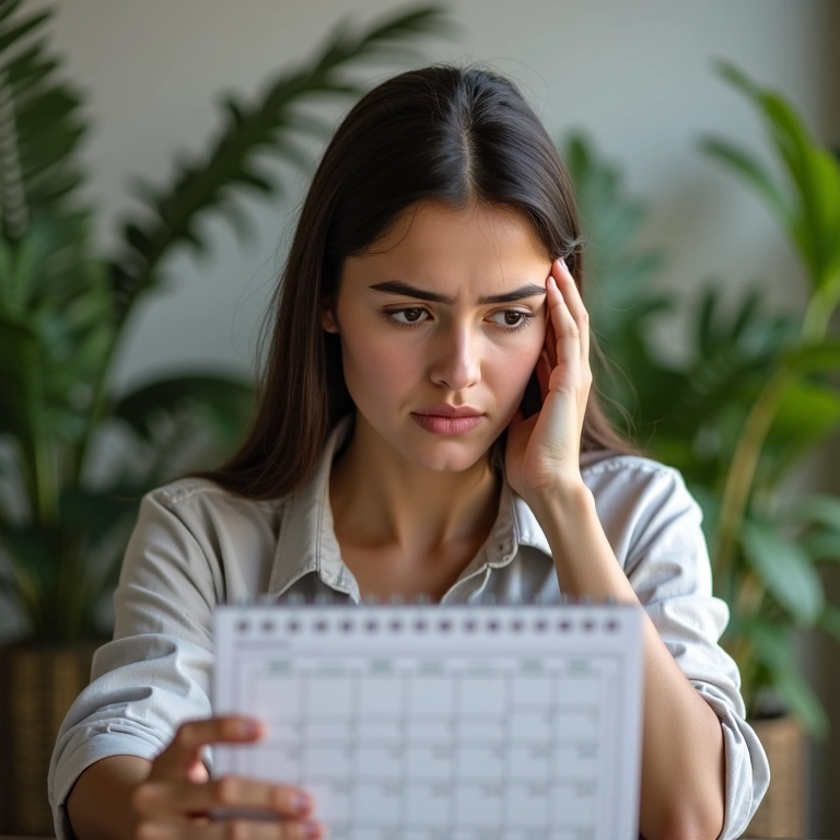 Mulher preocupada olhando para um calendário e laptop, pensando em retornar ao trabalho antes do prazo.