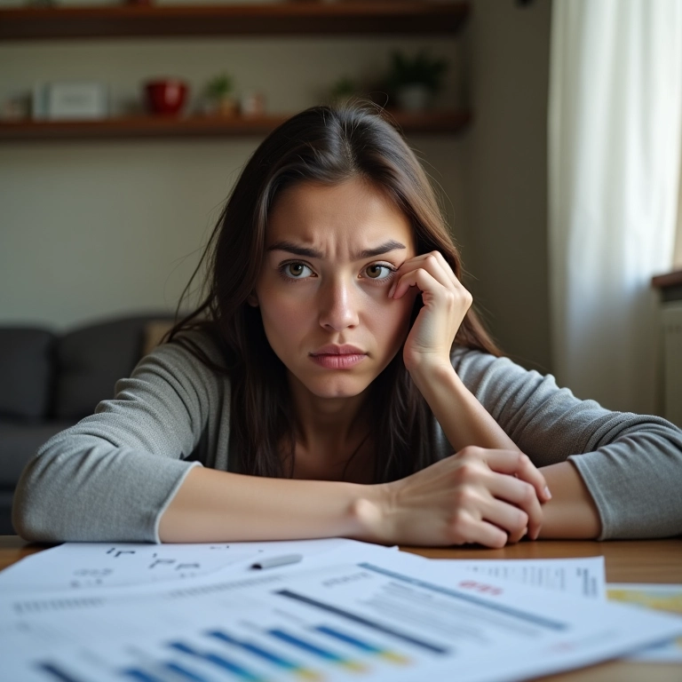 Mulher preocupada olhando para um gráfico de endividamento crescente.