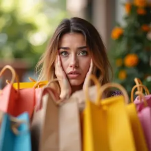 Mulher preocupada olhando sacolas de compras cheias.