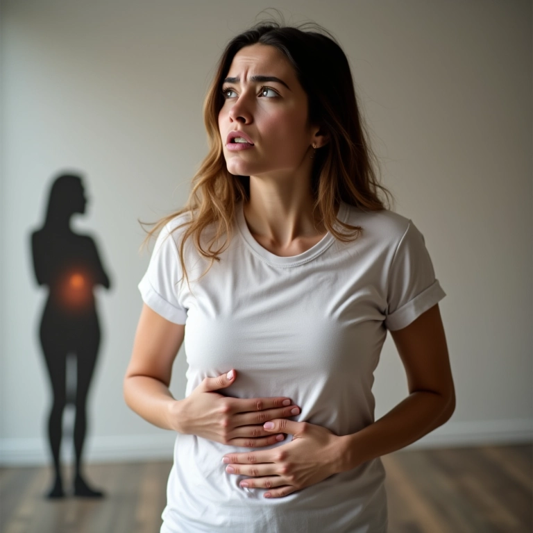 Mulher preocupada segurando a barriga, silhueta representando riscos.