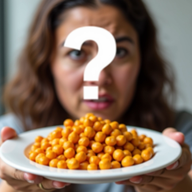 Mulher preocupada segurando prato de grão de bico, com interrogação.