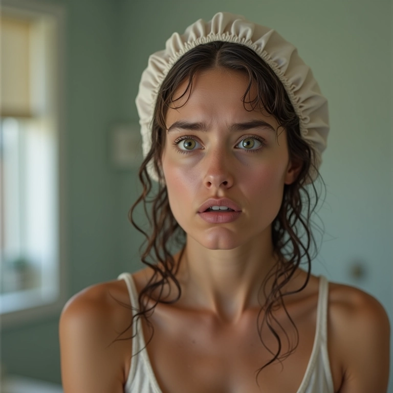 Mulher preocupada usando touca de cetim com cabelo molhado.