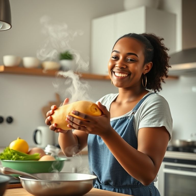Mulher preparando batata doce cozida.