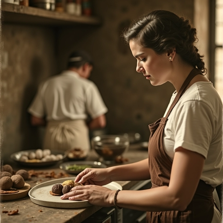 Mulher preparando brigadeiro em cozinha antiga.