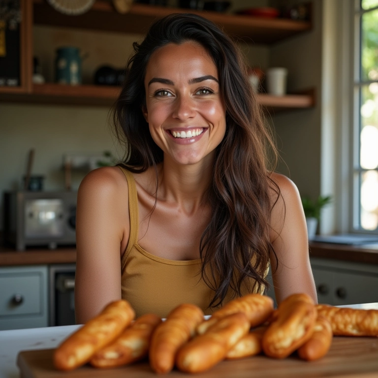 Mulher preparando churros caseiros em uma cozinha aconchegante.