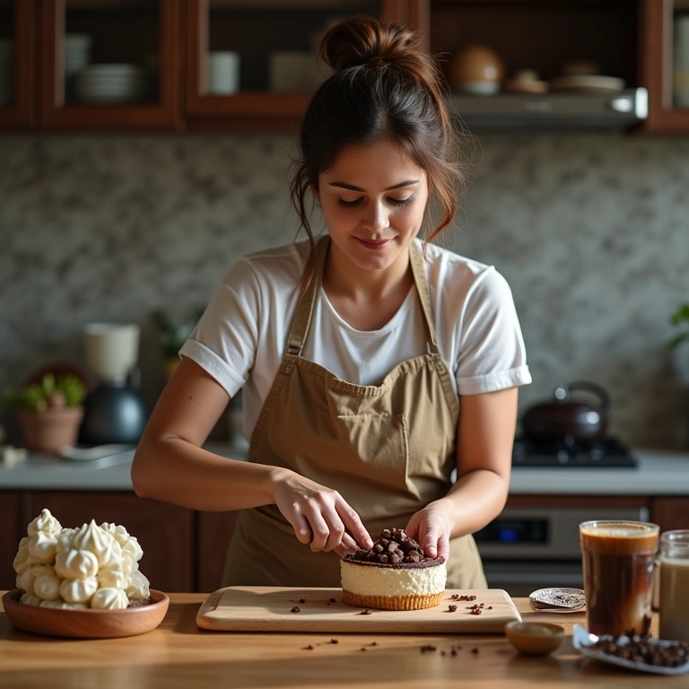 Mulher preparando doce de café na cozinha.