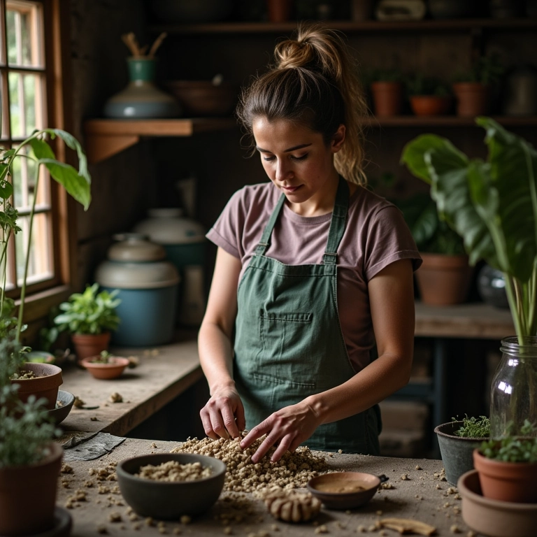Mulher preparando fertilizante caseiro com cinzas de madeira em uma cozinha rústica.