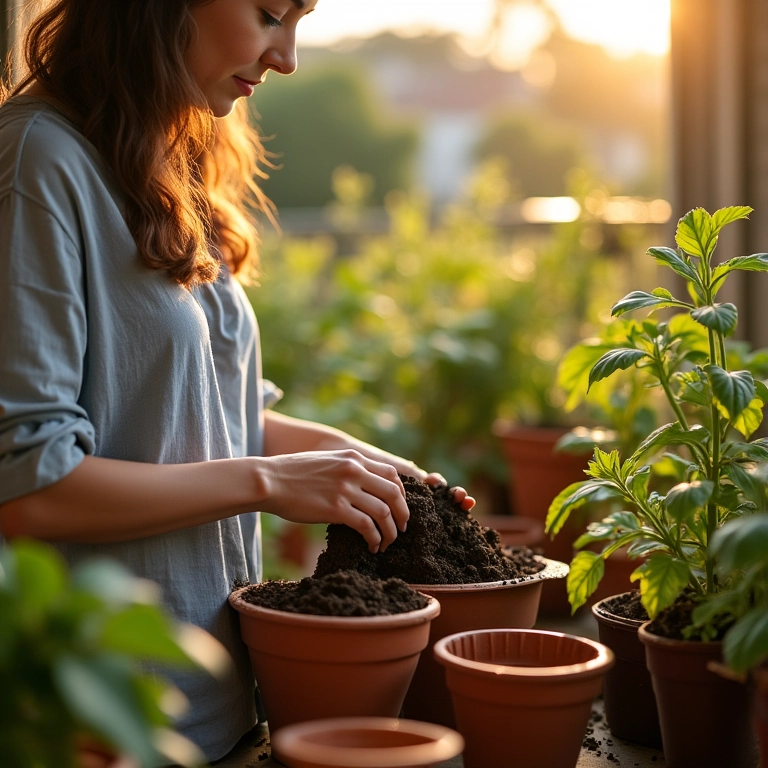 Mulher preparando horta para o sol da tarde em apartamento.