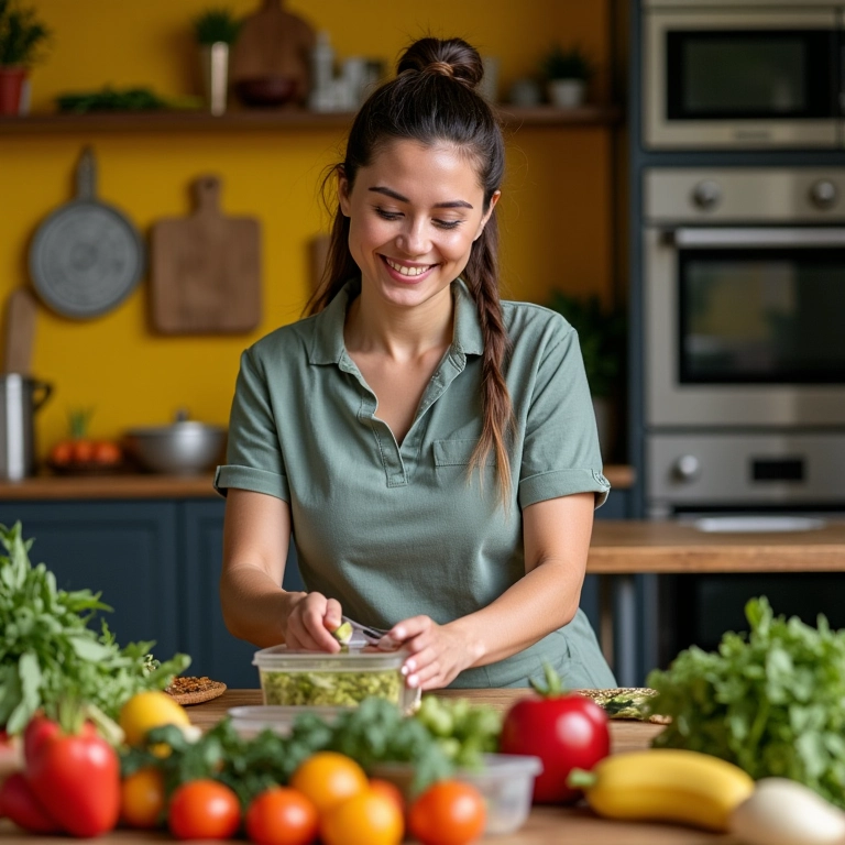 Mulher preparando marmitas saudáveis em cozinha brasileira.