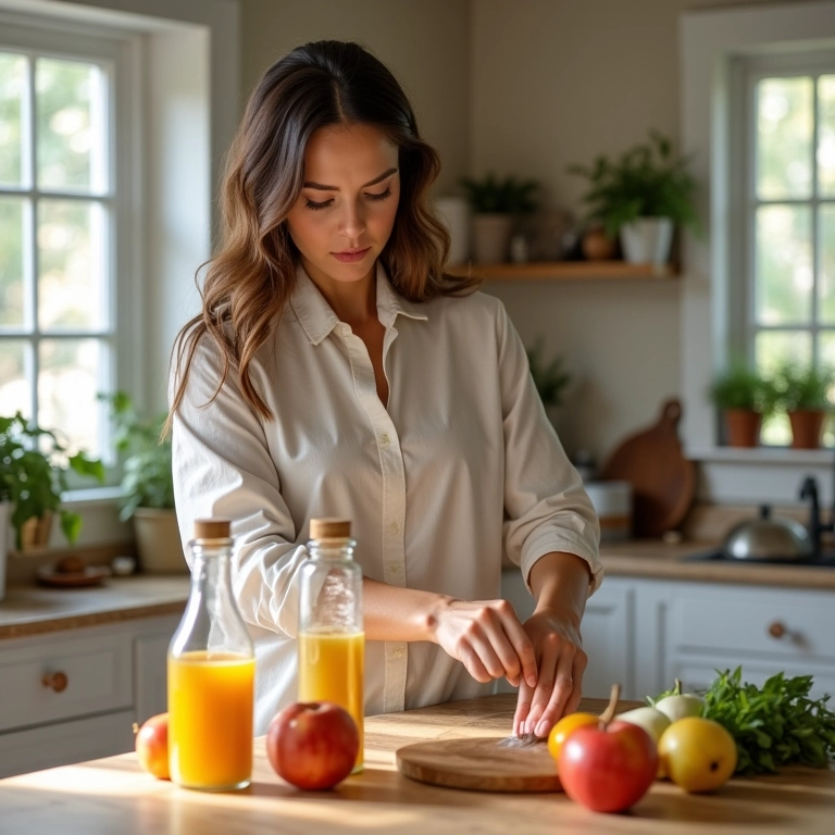 Mulher preparando máscara capilar caseira com vinagre de maçã.