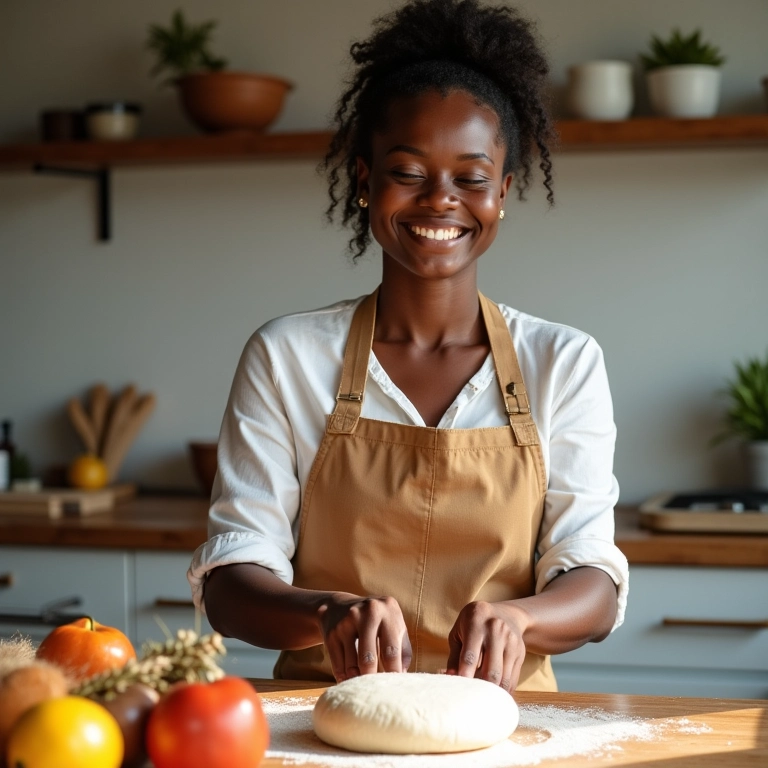 Mulher preparando massa de pão integral caseiro na cozinha.