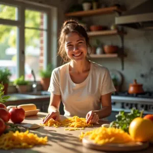 Mulher preparando massa fresca caseira em cozinha ensolarada.