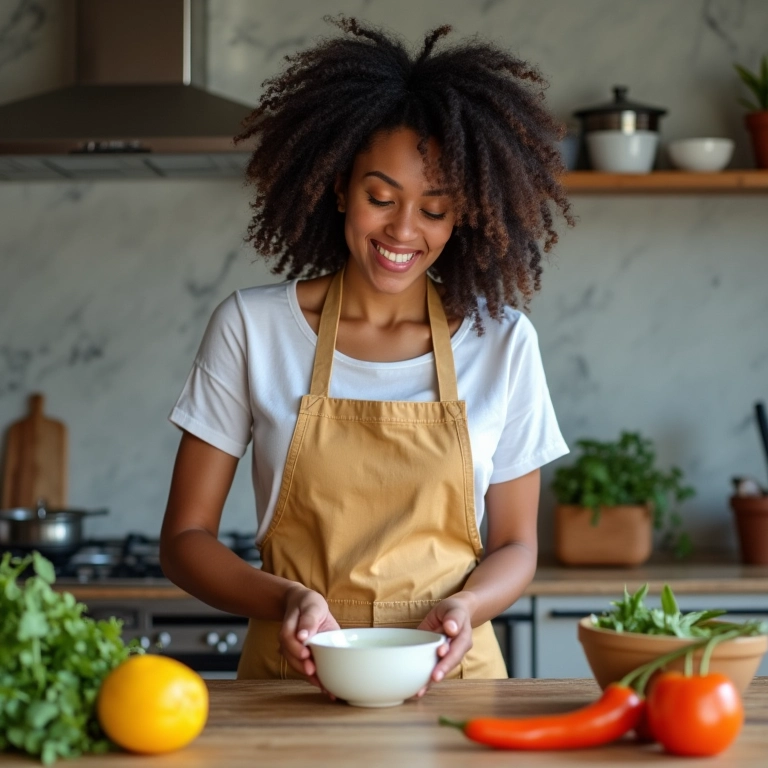 Mulher preparando molho de iogurte com hortelã na cozinha.