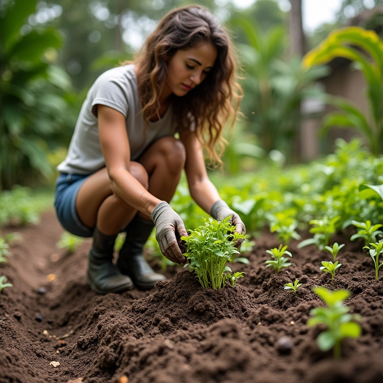 Mulher preparando o solo para plantio direto com composto orgânico.