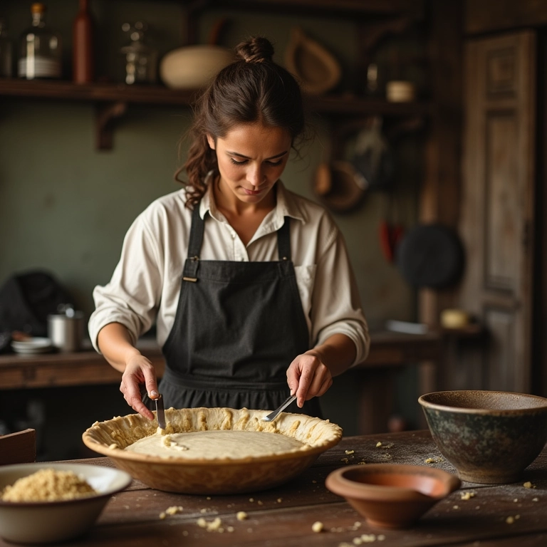 Mulher preparando paçoca em cozinha antiga.