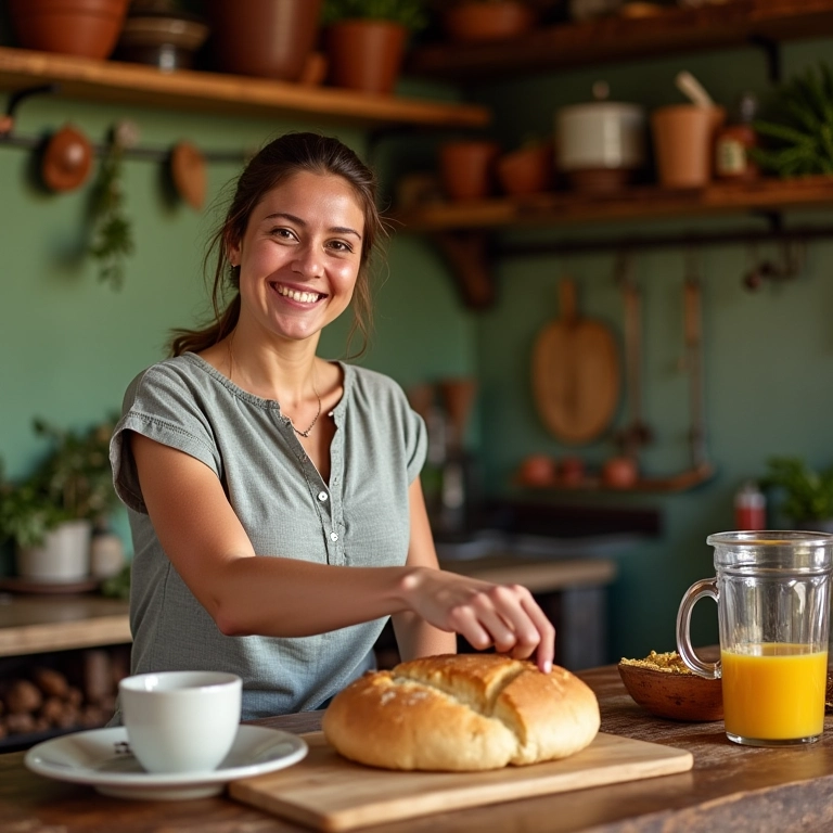 Mulher preparando pão de liquidificador tradicional em cozinha brasileira.