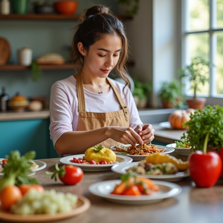 Mulher preparando pequenas porções de comida em cozinha colorida.