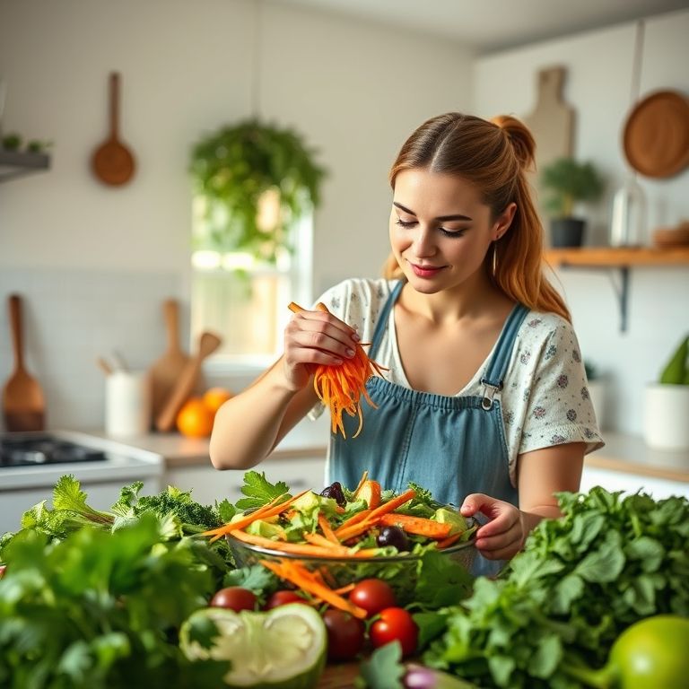 Mulher preparando salada com cenoura ralada em cozinha colorida.