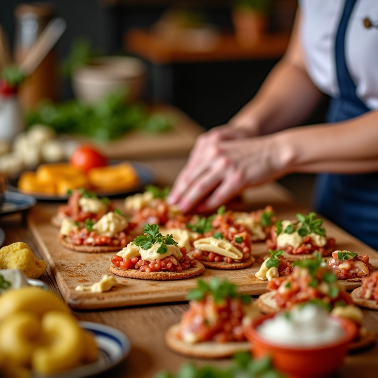 Mulher preparando salgados e lanches para festa.