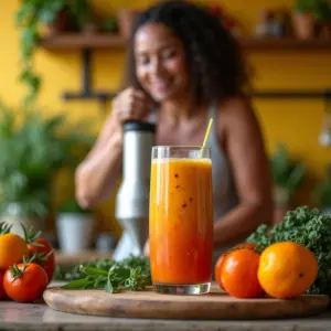 Mulher preparando smoothie colorido com mixer em cozinha vibrante.