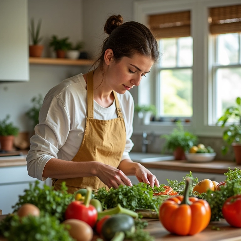 Mulher preparando uma refeição vegetariana em cozinha iluminada e colorida.