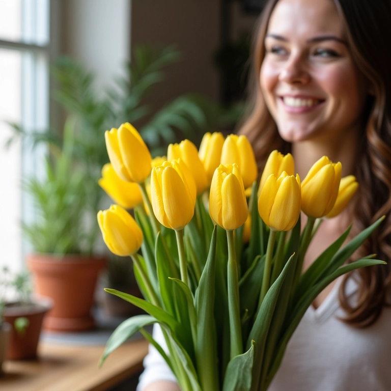 Mulher presenteando amiga com tulipas amarelas em ambiente alegre e colorido.