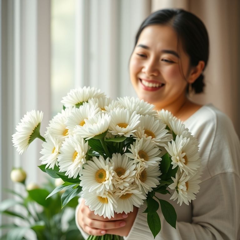 Mulher presenteando com crisântemos brancos.