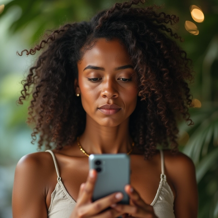 Mulher pressionada a comprar por redes sociais.