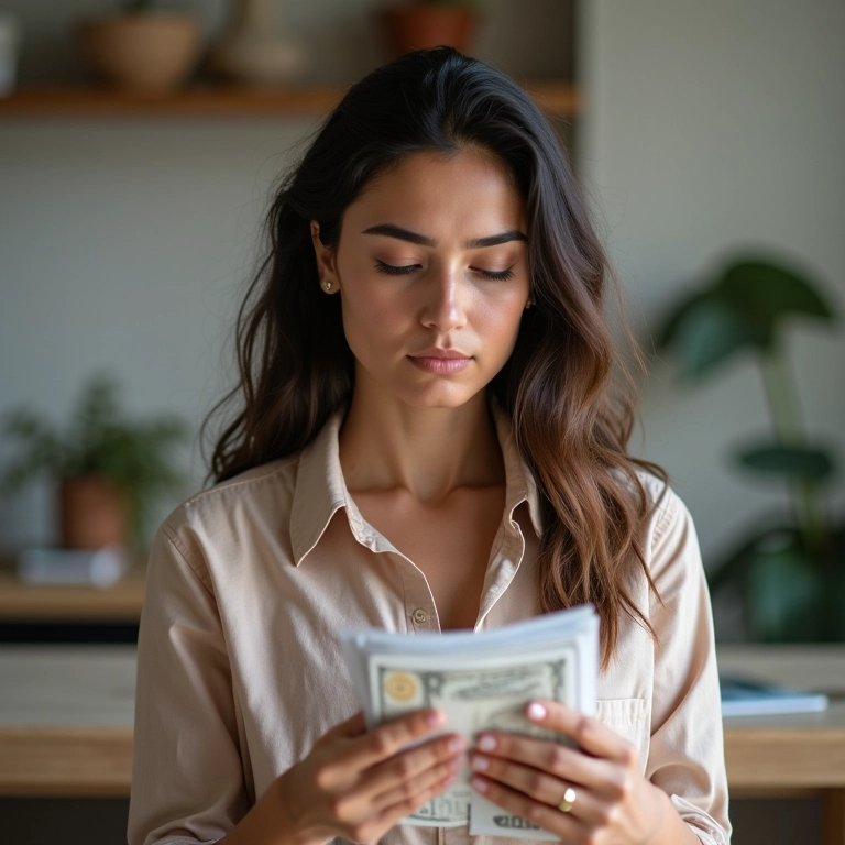 Mulher priorizando contas, separando gastos essenciais de supérfluos.
