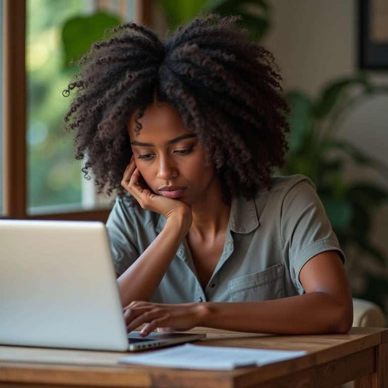 Mulher proativa resolvendo problema online em seu home office.