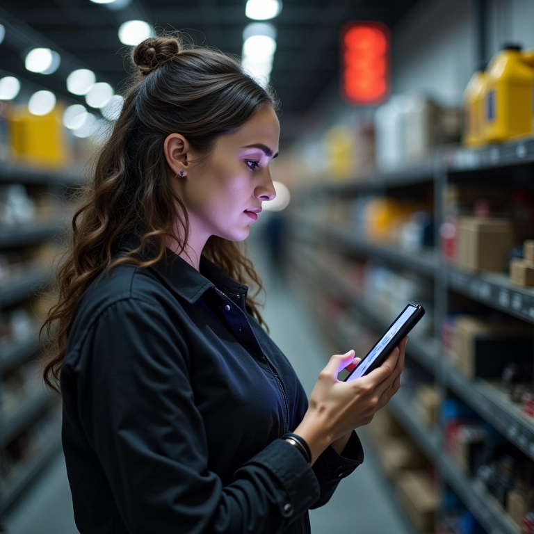 Mulher procurando óleo para câmbio manual em loja de autopeças.