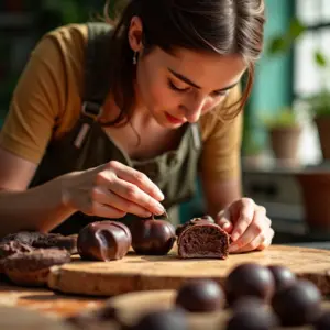 Mulher produzindo bombons artesanais em casa, ambiente decorado e ensolarado.