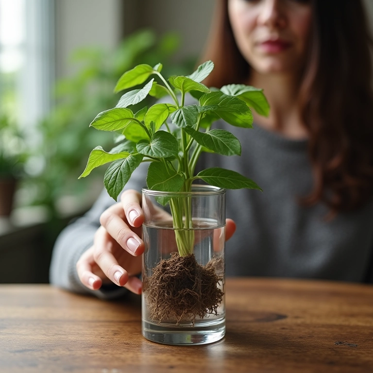 Mulher propagando planta de arruda a partir de estacas na água, raiz visível.